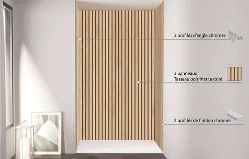 ONDEE - Pack montage 3 panneaux muraux en niche - Tasseau bois 120 cm - profilés chromés - large
