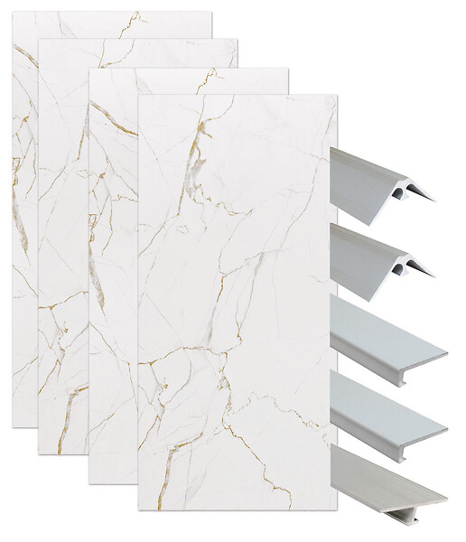 ONDEE - Pack montage 4 panneaux muraux en niche - marbre blanc mat 200 cm - profilés chromés - large