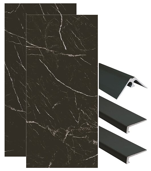 ONDEE - Pack complet de montage panneaux muraux Marbre Noir 120 cm - Profilé noir inclus - large