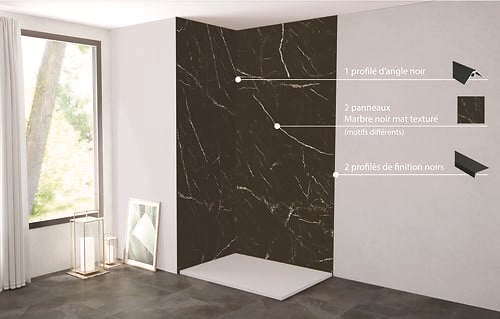 ONDEE - Pack complet de montage panneaux muraux Marbre Noir 120 cm - Profilé noir inclus - large