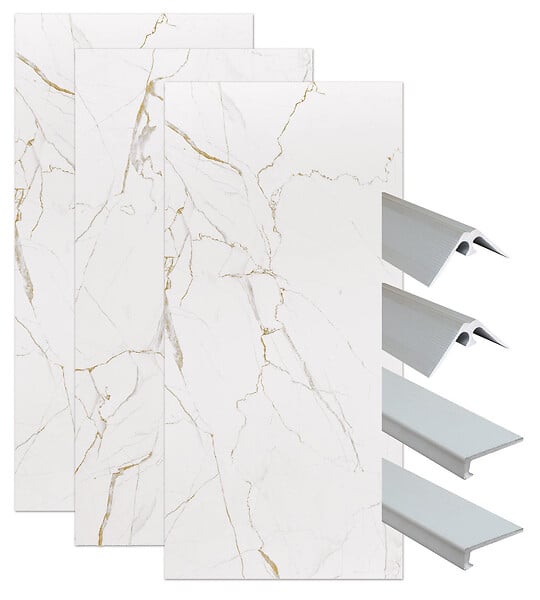 ONDEE - Pack montage 3 panneaux muraux en niche - marbre blanc mat 120 cm - profilés chromés - large