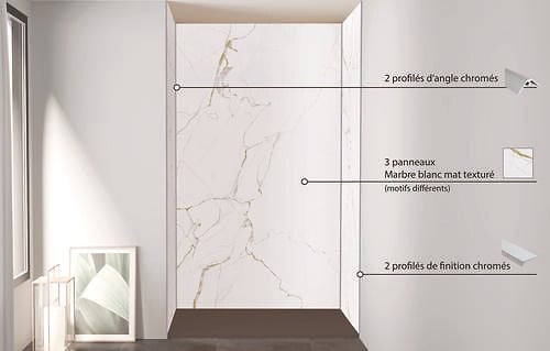ONDEE - Pack montage 3 panneaux muraux en niche - marbre blanc mat 120 cm - profilés chromés - large