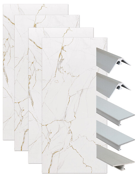 ONDEE - Pack montage 4 panneaux muraux en niche - marbre blanc 200 cm - profilés chromés - large