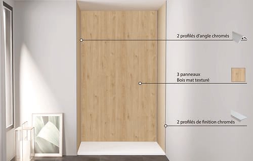 ONDEE - Pack de montage 3 panneaux muraux en niche - Bois 120 cm - profilés chromés - large