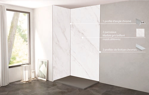 ONDEE - Pack complet de montage panneaux muraux Marbre Gris 120 cm - Profilé chromé inclus - large