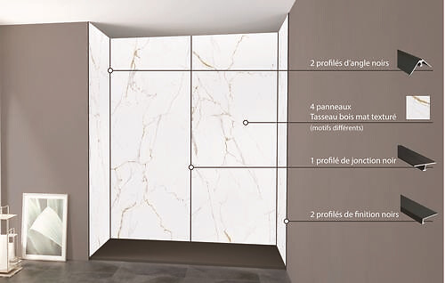 ONDEE - Pack montage 4 panneaux muraux en niche - marbre blanc 200 cm - profilés noirs - large
