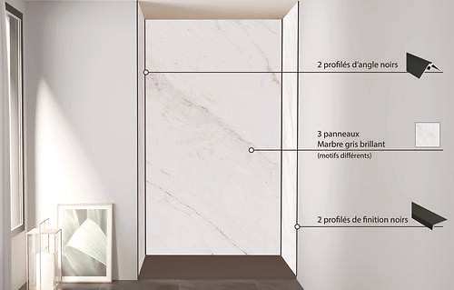 ONDEE - Pack montage 3 panneaux muraux en niche - marbre gris 120 cm - profilés noirs - large