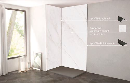 ONDEE - Pack complet de montage panneaux muraux Marbre Gris 120 cm - Profilé noir inclus - large