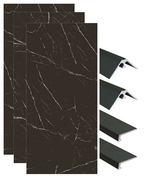 ONDEE - Pack de montage 3 panneaux muraux en niche - marbre noir 120 cm - profilés noirs - large