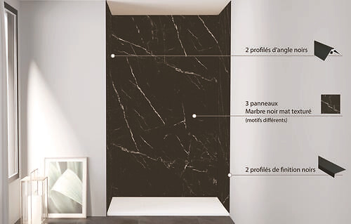 ONDEE - Pack de montage 3 panneaux muraux en niche - marbre noir 120 cm - profilés noirs - large