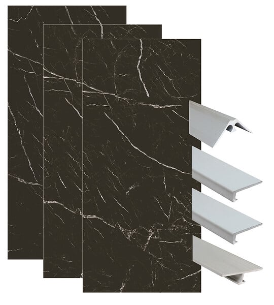 ONDEE - Pack complet de montage panneaux muraux Marbre Noir 200 cm - Profilé chromé inclus - large