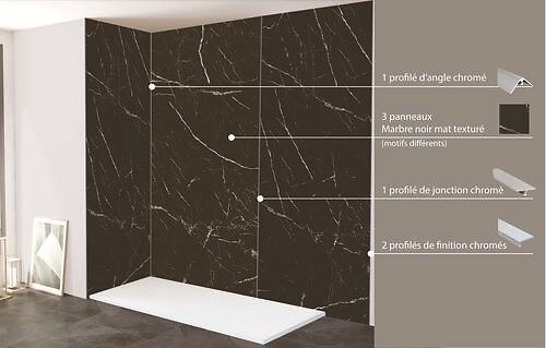 ONDEE - Pack complet de montage panneaux muraux Marbre Noir 200 cm - Profilé chromé inclus - large