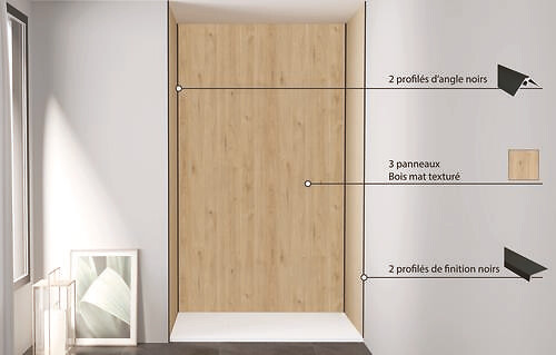 ONDEE - Pack de montage 3 panneaux muraux en niche - Bois 120 cm - profilés noirs - large
