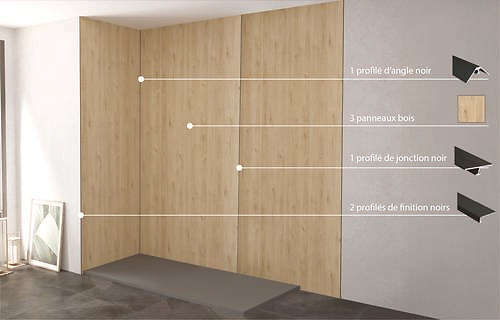 ONDEE - Pack complet de montage panneaux muraux Bois 200 cm - Profilé noir inclus - large