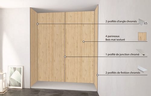 ONDEE - Pack de montage 4 panneaux muraux en niche - Bois 200 cm - profilés chromés - large