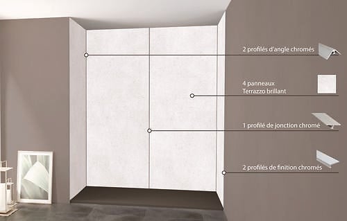 ONDEE - Pack montage 4 panneaux muraux en niche - Terrazzo 200 cm - profilés chromés - large