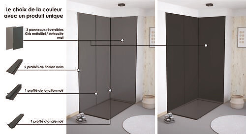 ONDEE - Pack montage 3 panneaux muraux en angle -  gris & anthracite 200 cm-profilé noir - large