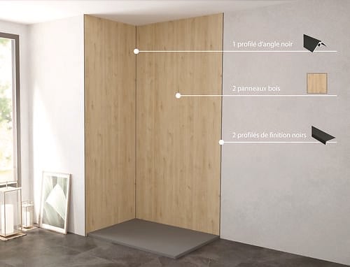 ONDEE - Pack complet de montage panneaux muraux Bois 120 cm - Profilé noir inclus - large