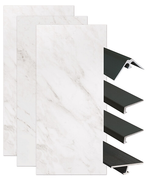 ONDEE - Pack complet de montage panneaux muraux Marbre Gris 200 cm - Profilé noir inclus - large