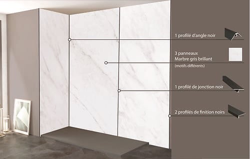 ONDEE - Pack complet de montage panneaux muraux Marbre Gris 200 cm - Profilé noir inclus - large