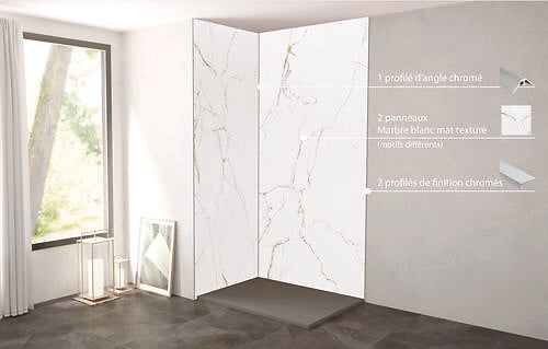 ONDEE - Pack de montage panneaux muraux Marbre Blanc effet mat 120 cm - Profilé chromé - large
