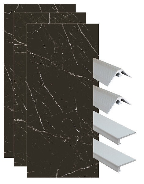ONDEE - Pack montage 3 panneaux muraux en niche - marbre noir 120 cm - profilés chromés - large