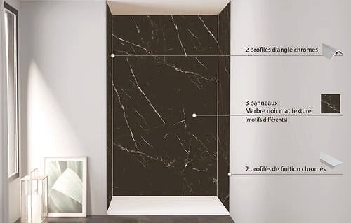 ONDEE - Pack montage 3 panneaux muraux en niche - marbre noir 120 cm - profilés chromés - large