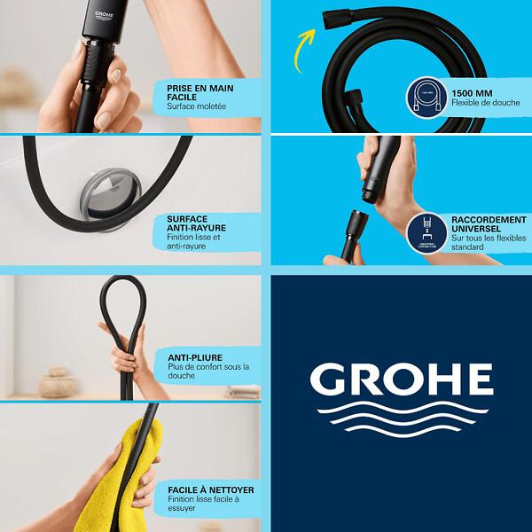 GROHE - Flexible de douche GROHE VitalioFlex Trend 1750 mm noir mat + microfibre - large