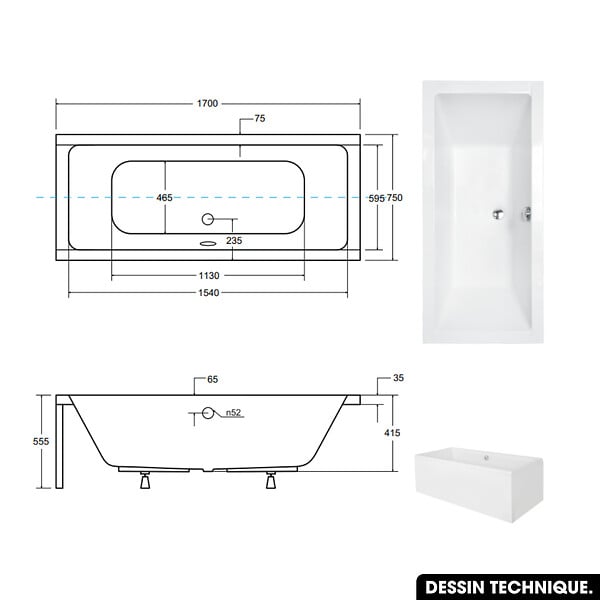 OTITEC - Baignoire rectangulaire - 175 x 80 cm - avec Habillage - Pieds - Vidage Chrome - QUADRO SLIM - large