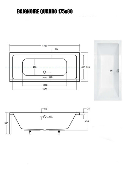 OTITEC - Baignoire rectangulaire - 170 x 75 cm - sans Habillage - avec Pieds - Vidage Chrome - QUADRO SLIM - large
