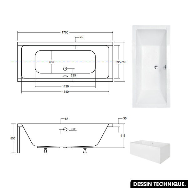 OTITEC - Baignoire rectangulaire - 180 x 80 cm - sans Habillage - avec Pieds - Vidage Chrome - QUADRO SLIM - large