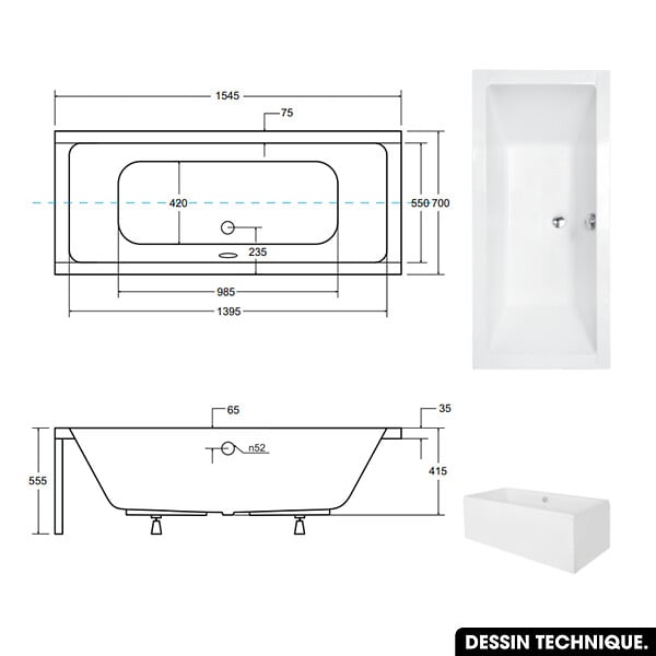 OTITEC - Baignoire rectangulaire - 155 x 70 cm - sans Habillage - avec Pieds - Repose-tête - Étagère bambou - Vidage Chrome - QUADRO - large