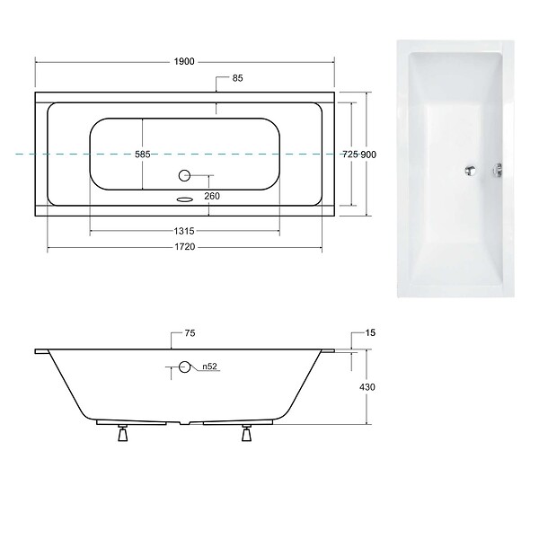 OTITEC - Baignoire rectangulaire - 180 x 80 cm - avec Habillage Polystyrène - Pieds - Vidage Chrome - QUADRO SLIM - large