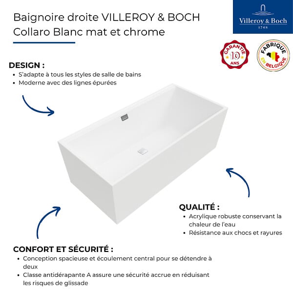VILLEROY ET BOCH - Baignoire droite  Collaro 160 x 75cm Blanc mat  vidage et trop plein chrome + Pare bain droite AURYS Raywall - large