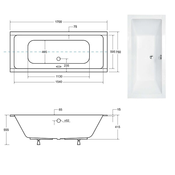 OTITEC - Baignoire rectangulaire - 155 x 70 cm - avec Habillage (4 cm) - Pieds - Vidage Chrome - QUADRO SLIM - large