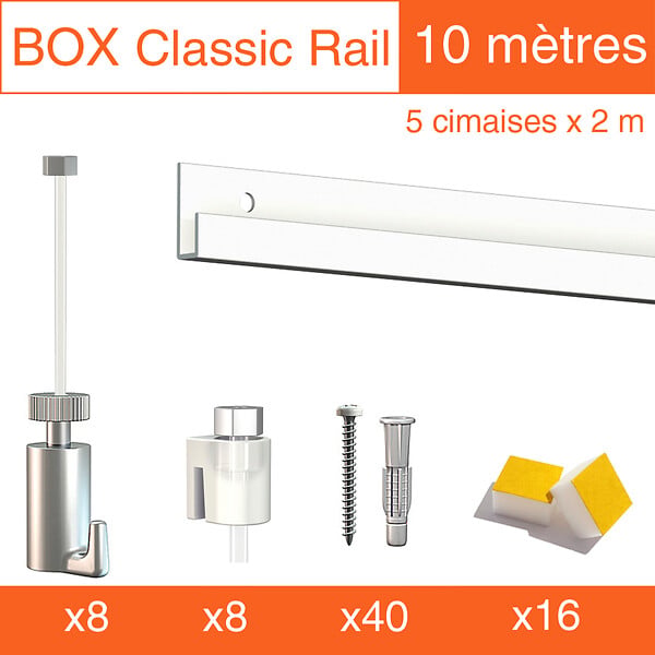 ARTITEQ - Cimaise Box Artiteq Classic PREMIUM + fils perlon - Kit accrochage tableau 10 mètres , Blanc laqué - large