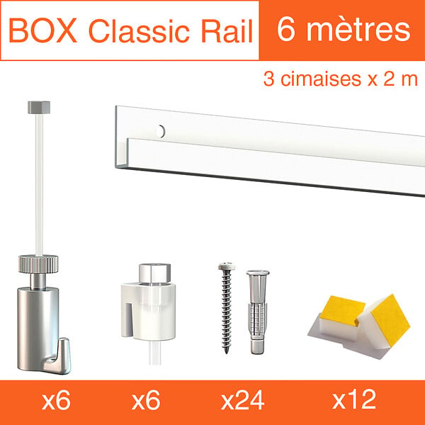 ARTITEQ - Cimaise Box Artiteq Classic PREMIUM + fils perlon - Kit accrochage tableau 10 mètres , Blanc laqué - large