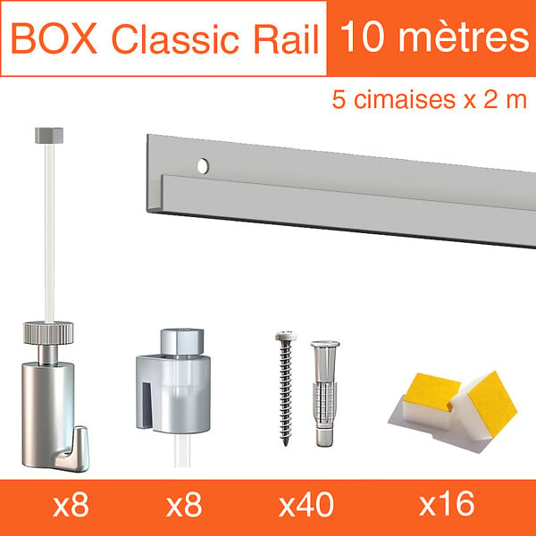 ARTITEQ - Cimaise Box Artiteq Classic PREMIUM + fils perlon - Kit accrochage tableau 10 mètres , Blanc laqué - large