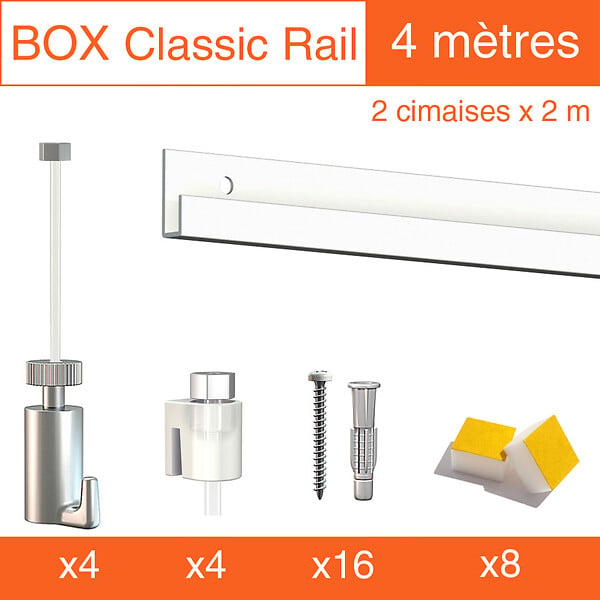 ARTITEQ - Cimaise Box Artiteq Classic PREMIUM + fils perlon - Kit accrochage tableau 6 mètres , Blanc laqué - large