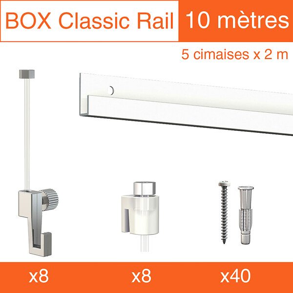 ARTITEQ - Cimaise Box Artiteq Classic ÉCO + fils perlon - Kit accrochage tableau 10 mètres , Blanc laqué - large