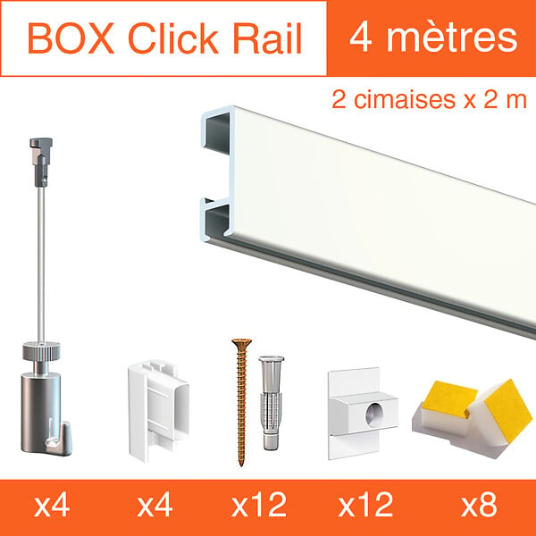 ARTITEQ - Cimaise Box Artiteq Click PREMIUM - Kit accrochage tableau 4 mètres , Blanc laqué - large