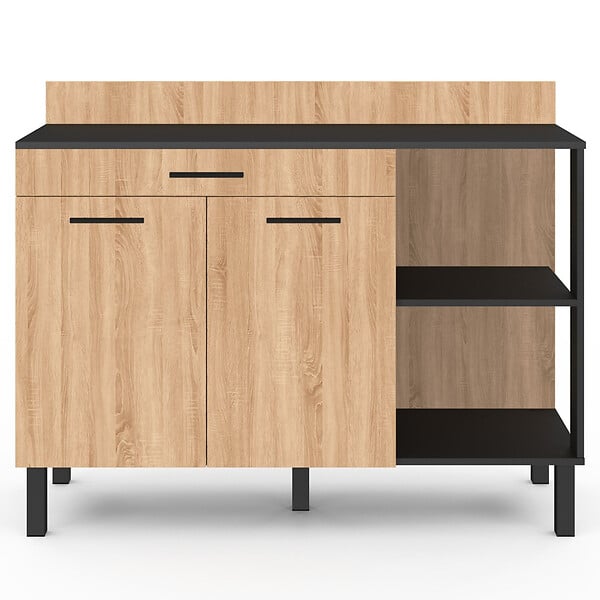 ID MARKET - Buffet bas de cuisine 120 cm CINA plan de travail H.83 cm 2 portes + tiroir noir et façon hêtre - large