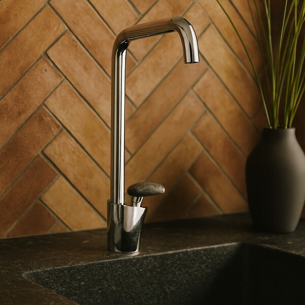 ESSEBAGNO - Galet mitigeur lavabo bec haut chrome poignée façon pierre - large