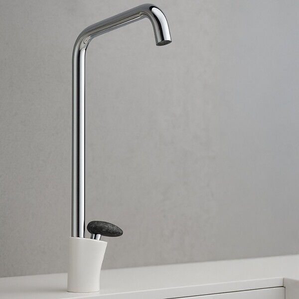 ESSEBAGNO - Galet mitigeur lavabo bec haut blanc chrome poignée façon pierre - large
