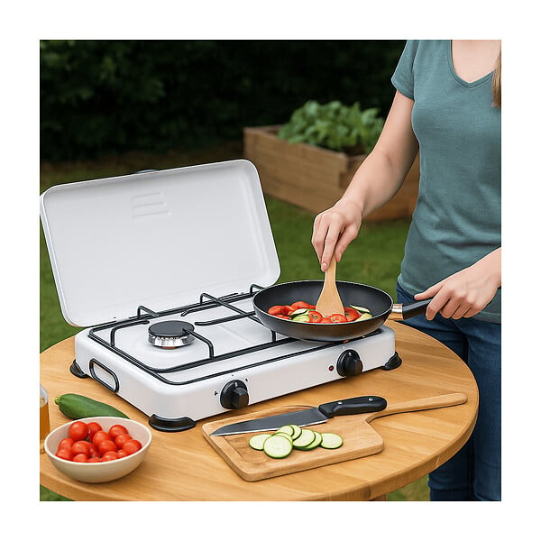 INTEC - Réchaud à gaz 2 feux 3200W Brûleurs fonte amovibles Couvercle Plaque de cuisson Gaz Butane ou Propane GOLD - large
