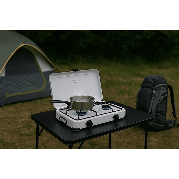 INTEC - Réchaud à gaz 2 feux 3200W Brûleurs fonte amovibles Couvercle Plaque de cuisson Gaz Butane ou Propane GOLD - large