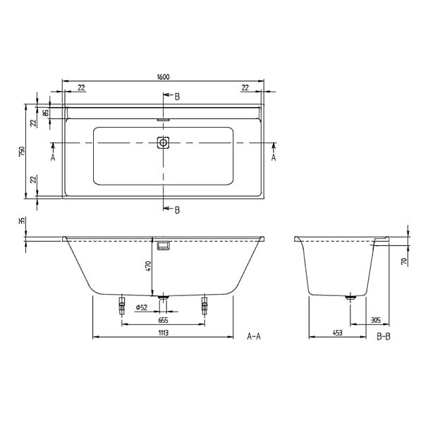 VILLEROY ET BOCH - Baignoire droite  Collaro 160 x 75cm Blanc mat  vidage et trop plein chrome + Pare bain gauche AURYS Mist 1 - large