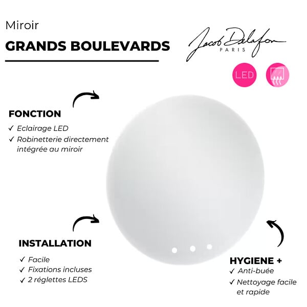 JACOB DELAFON - Miroir LED rond Grands Boulevards 3 trous - large