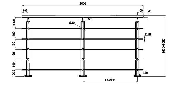 AICA SANITAIRE - Garde-corps - Aluminium Noir - 200cm - Avec 5 traverses et 1 main courante - Pour intérieur et extérieur - Fixation à  plat - large
