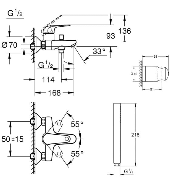 GROHE - Pack mitigeur mécanique Swift + Douchette 1 jet Get Stick + Flexible1750 mm et support - large